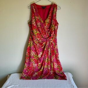 Lauren Ralph Floral Ruched Knot Front V-Neck Sleeveless Dress Sz 12